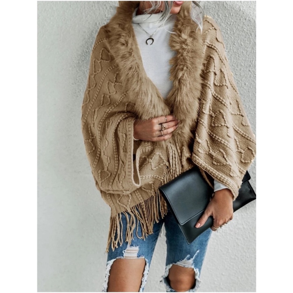Cozy Faux Vegan Fur Fringe Tassel Open Front Sweater Cardigan - Picture 2 of 11